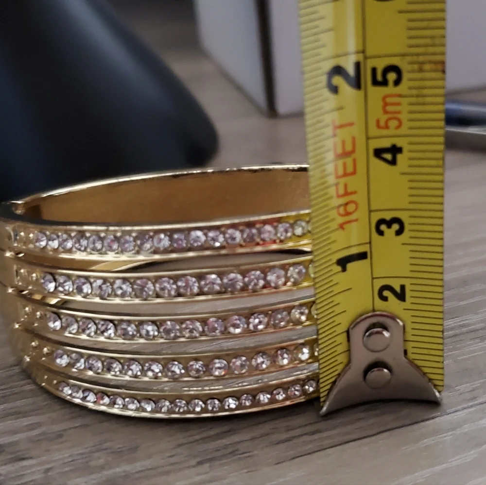 Wide Bangle Bracelet Hinged w/Rhinestones Gold Tone No Missing Stones